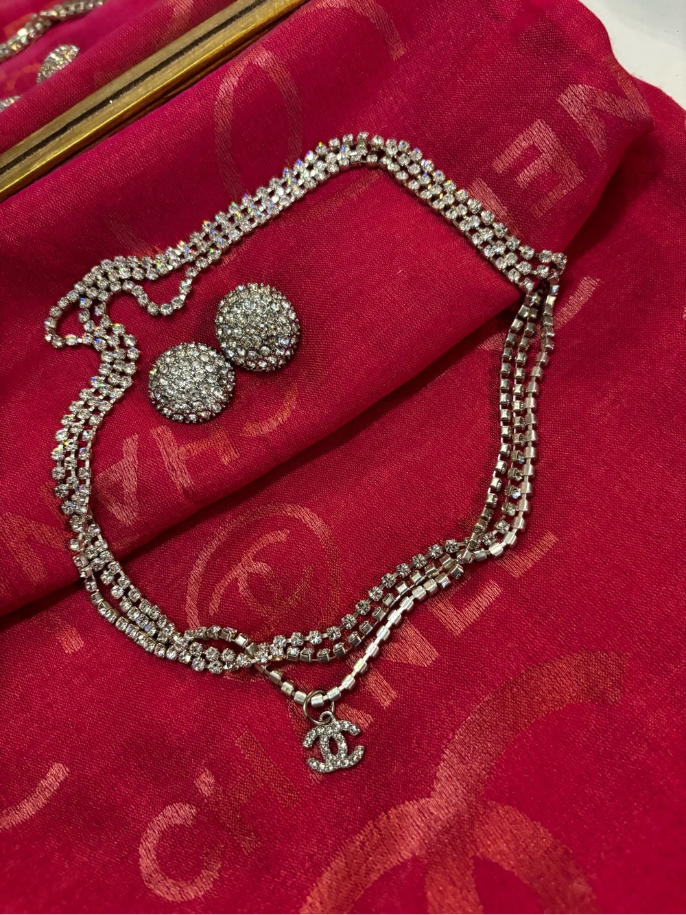 Chanel Silver Crystal Logo Necklace with Matching  Earrings - Silver